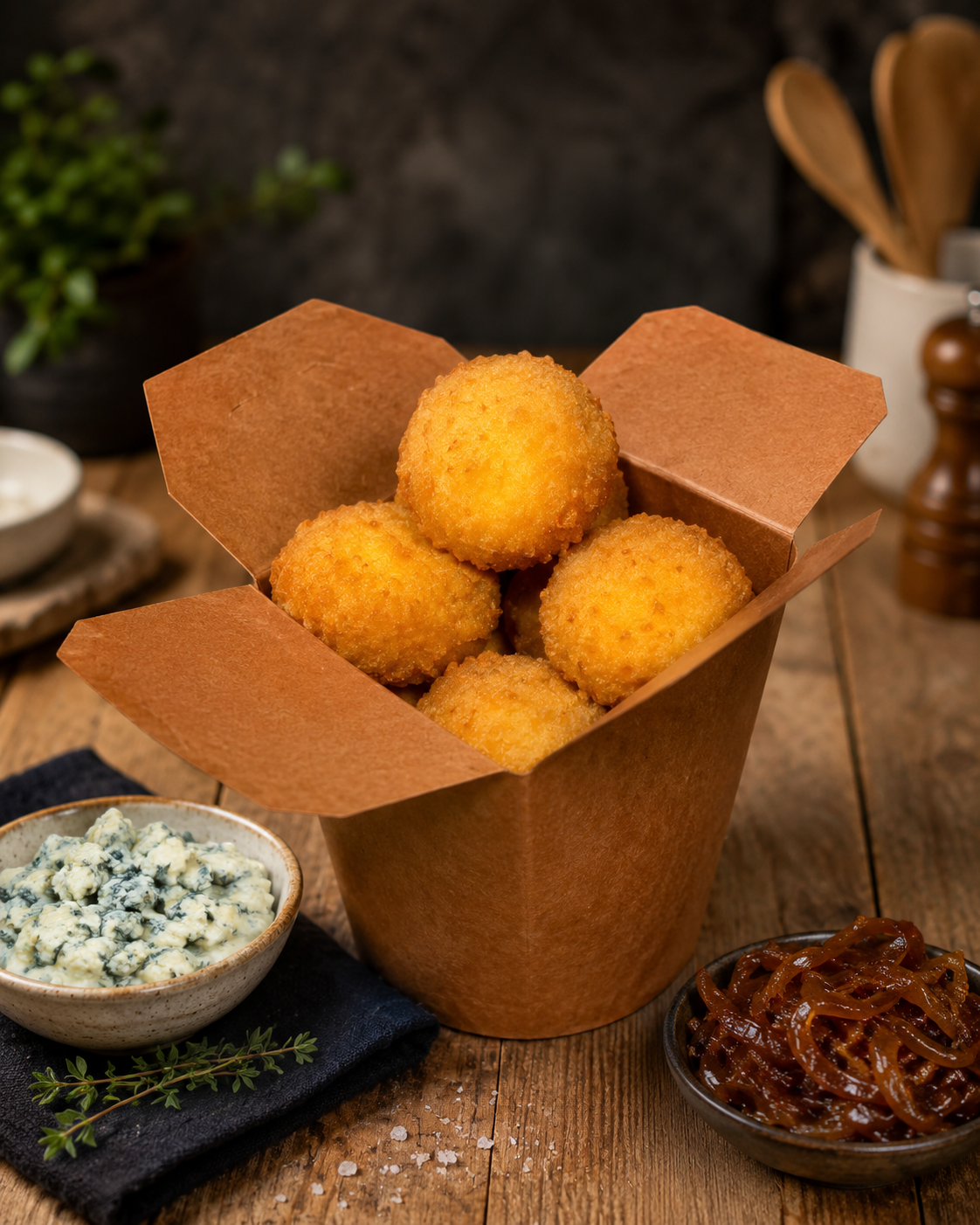 Croquetas de queso azul y cebolla caramelizada